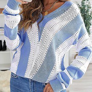 Womens 2023 Fall Cute Sweater Color Block Long Sleeve Deep V Neck Knit